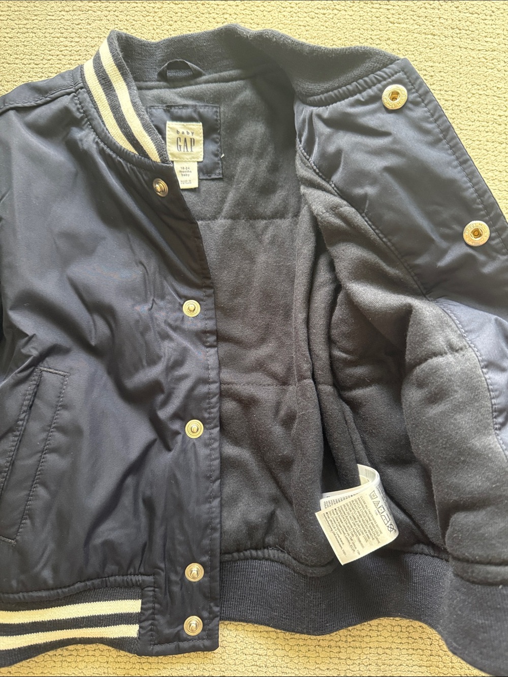 GAP Navy Blue Kids Puffer Bomber Jacket with Striped Trim - Picture 3 of 3